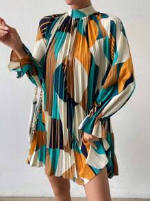 Breezaya Geo Print Flare Sleeve Pleated Detail Mock Neck Dress Vacation Beach Outfits Women Fall Cloth For Women - Multicolor - View 4
