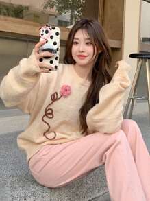 DAZY 花卉圖案補丁貼落肩袖套頭毛衣 - 杏色 - 查看 4