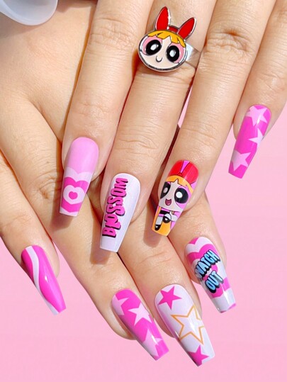 THE POWERPUFF GIRLS X SHEIN Pink Cute False Nail Set