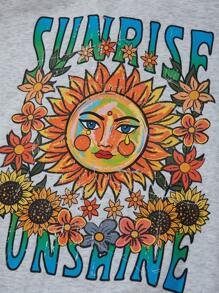 SHEIN EZwear Sunflower & Letter Graphic Drop Shoulder Sweatshirt - Light Grey - View 7