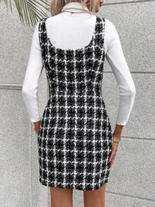 SHEIN Privé Vestido tipo peto de tweed con dobladillo dividido y estampado de pata de gallo sin suéter - Blanco y Negro - Ver 2