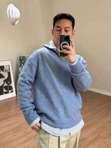 DAZY 男士纯色插肩袖半拉链开襟毛衣秋冬 - 淺藍色 - 查看 6