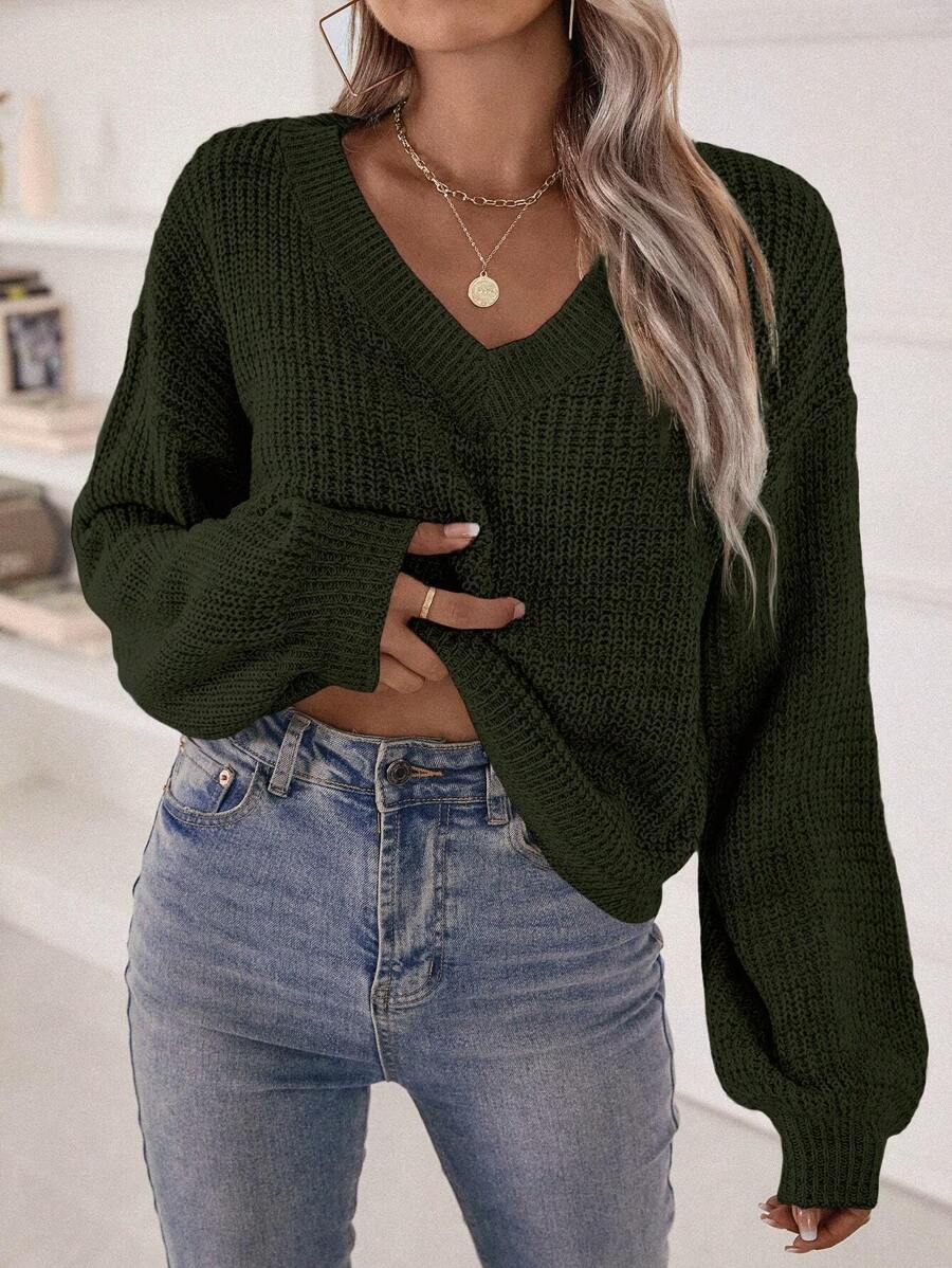 V-Neck Ribbed Dropped Shoulder Knit Top main image 0