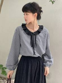 FRIFUL Gingham Print Ruffle Trim Tie Neck Lantern Sleeve Blouse - Black and White - View 6
