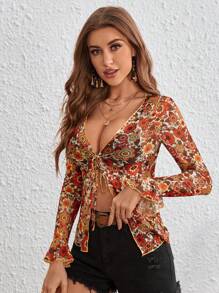 SHEIN VCAY Floral Print Tie Front Flare Sleeve Top - Multicolor - View 7