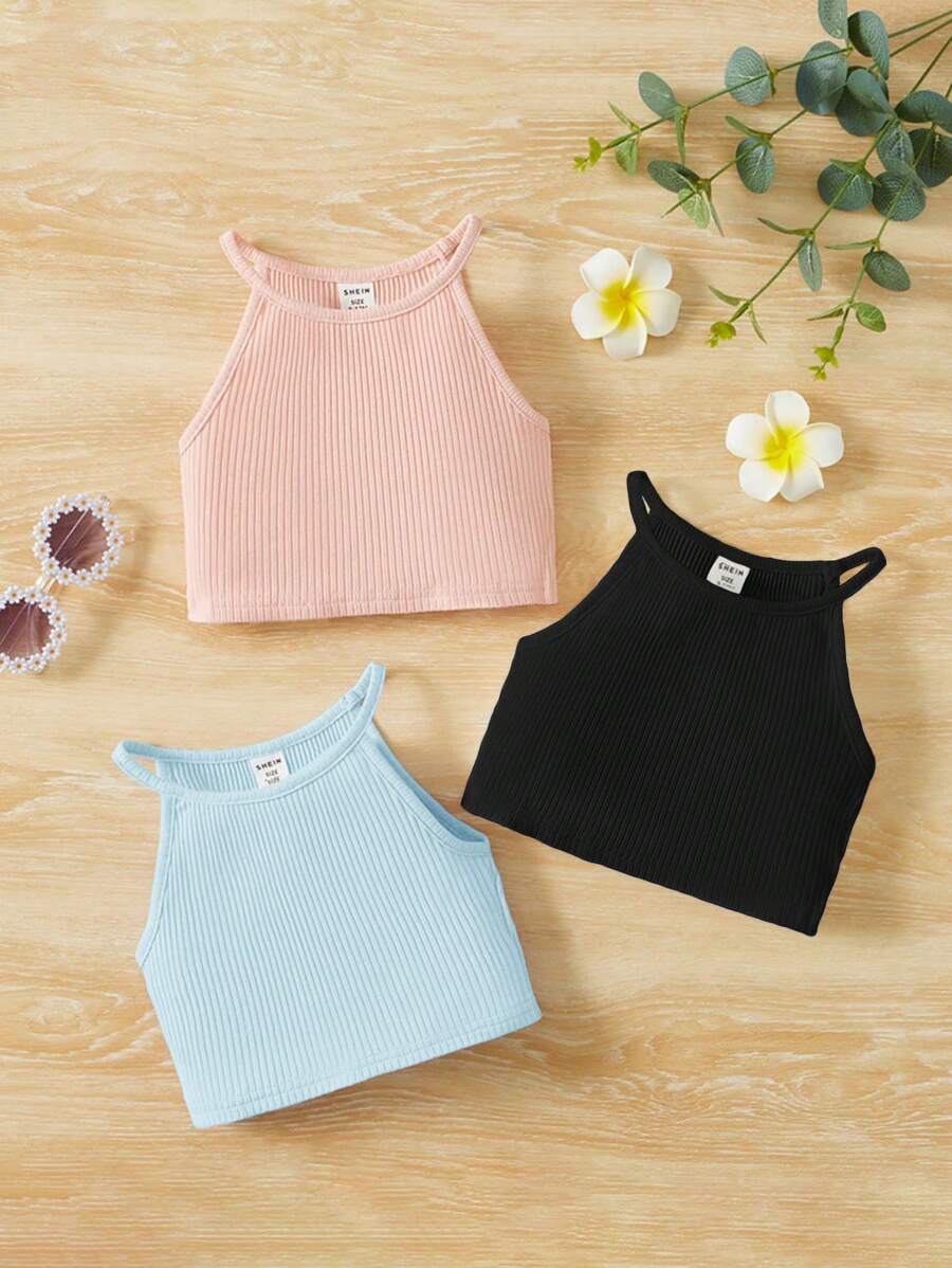 SHEIN Set de 3 piezas Conjunto informal de punto para bebé niña con chaleco de cuello halter acanalado - Multicolor - Ver 1