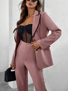 SHEIN Essnce Lapel Neck Single Breasted Blazer & Pants - Pink - View 3