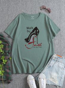 SHEIN EZwear Plus Shoes And Slogan Graphic Tee - Dark Green - View 1