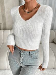 Chiquease 纯色毛绒针织短款套头衫秋冬毛衣 - 白色 - 查看 4