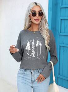 SHEIN Essnce 樹和標語圖案落肩T恤 - 淺灰色 - 查看 7