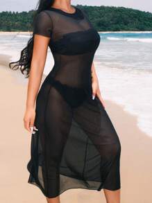 Swim Vcay 純色透明網紗罩衫洋裝（不含比基尼） - 黑色 - 查看 6