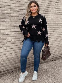 SHEIN LUNE Talla grande Jersey con patrón de estrella de hombros caídos roto ribete - Negro - Ver 1
