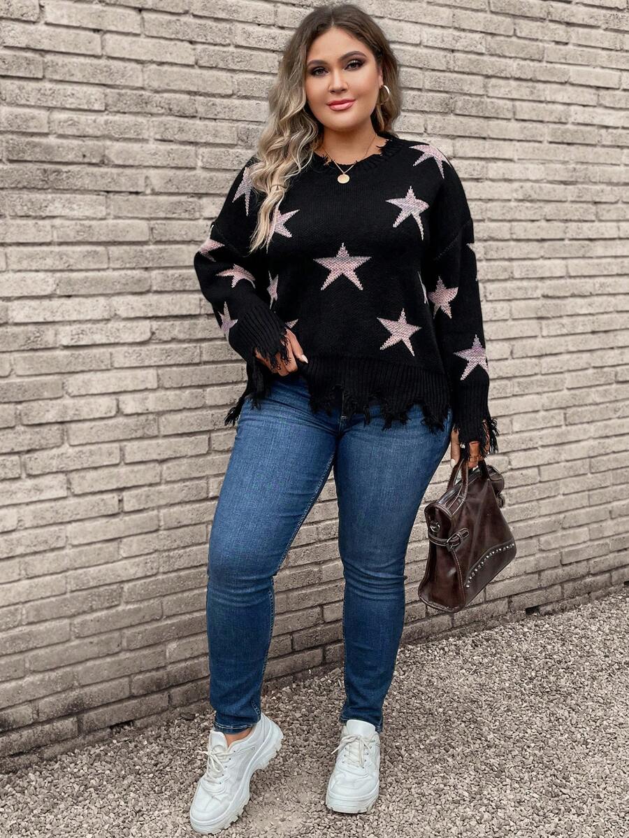 SHEIN LUNE Talla grande Jersey con patrón de estrella de hombros caídos roto ribete - Negro - Ver 1