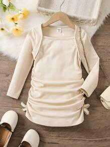 SHEIN Chica Joven Vestido 2 en 1 fruncido lateral - Albaricoque - Ver 1