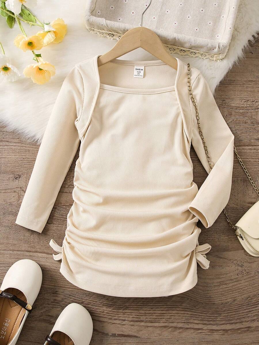 SHEIN Chica Joven Vestido 2 en 1 fruncido lateral - Albaricoque - Ver 1