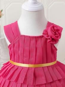 女嬰貼花層疊下擺洋裝 - 玫紅色 - 查看 3