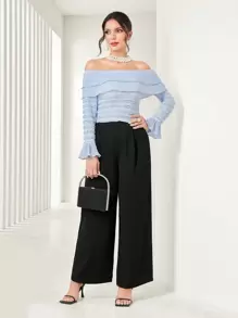 Modelyn Off Shoulder Flare Sleeve Top & Wide Leg Pants 2 Piece Set - Black - View 3