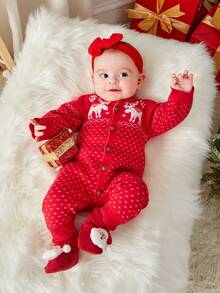 SHEIN Baby Boy Christmas Elk Pattern Knit Jumpsuit - Red - View 6