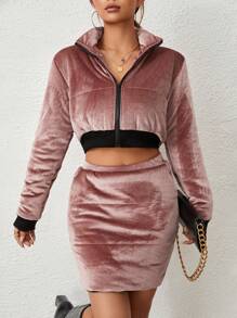 SHEIN Unity Contrast Trim Crop Velvet Jacket & Bodycon Skirt - Khaki - View 5