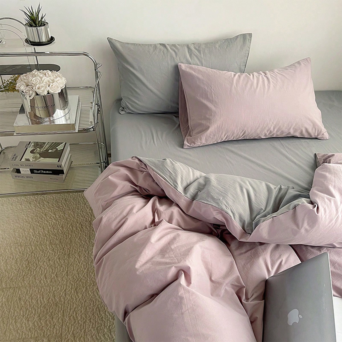 Set de ropa de cama de 3 piezas para dormitorio, color rosa y gris, que incluye 1 funda nórdica y 2 fundas de almohada, ultra suave, lavable a máqui