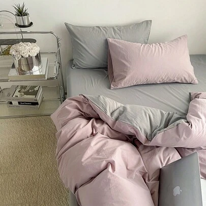 3 件套粉色和灰色宿舍床上用品套装，包括 1 个羽绒被套和 2 个枕套，超柔软，可机洗，无填充物