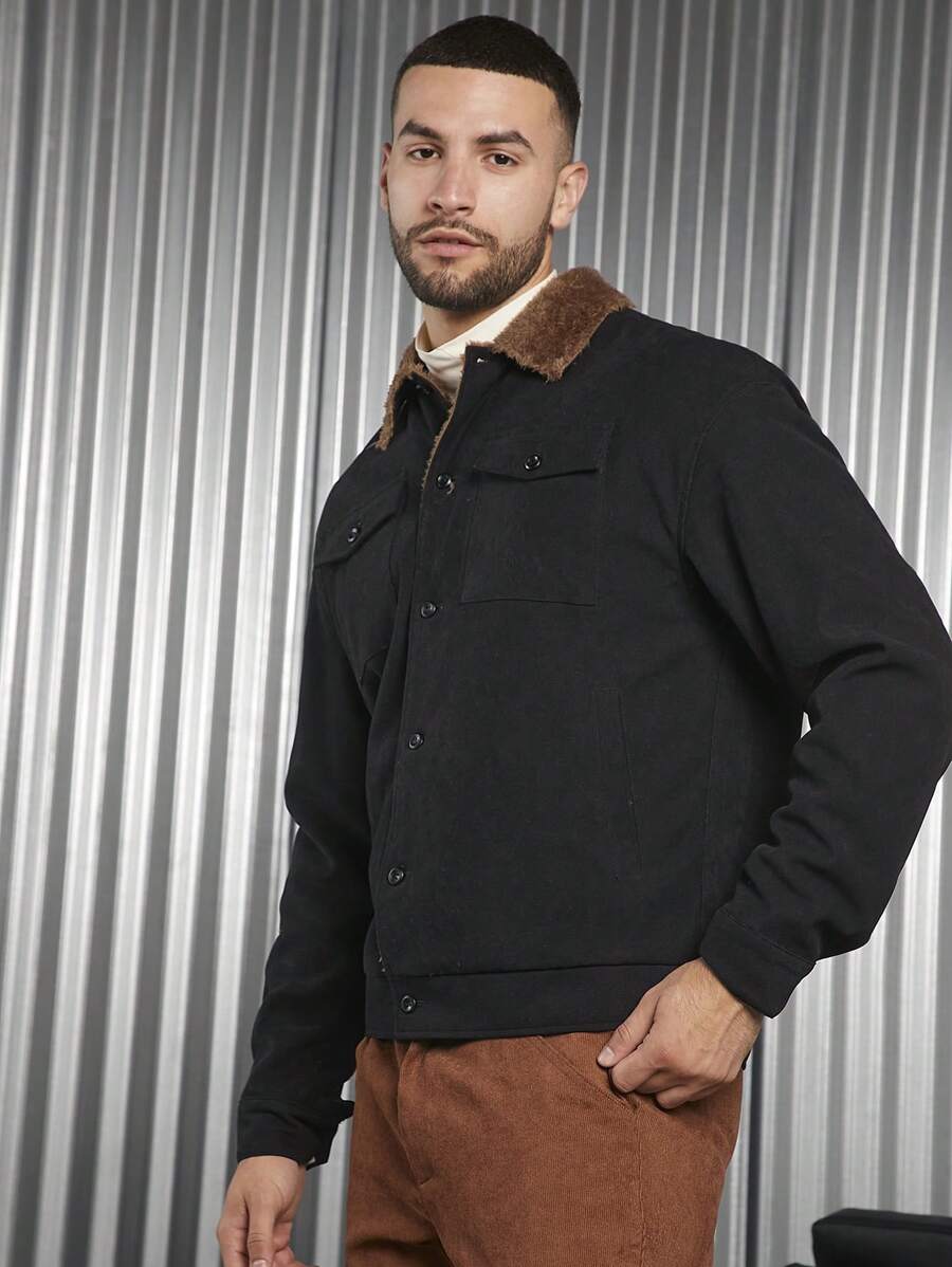 Manfinity VCAY 1pc Loose Fit Men's Borg Collar Flap Pocket Jacket
