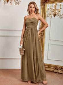 SHEIN Belle Ruched Mesh Tube Bridesmaid Dress - Mocha Brown - View 4