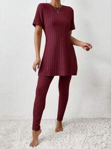 SHEIN LUNE 下擺開叉T恤和緊身褲 - 酒紅色 - 查看 5