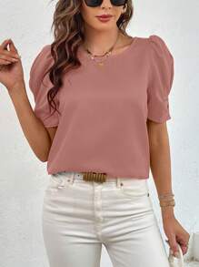 SHEIN Privé 素色泡泡袖襯衫 - 藕粉色 - 查看 5