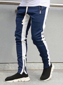 Men's Contrast Color Patchwork Zipper Hem Drawstring Waist Sweatpants - Blue - View 6