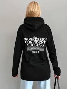 Cottnline Slogan Graphic Kangaroo Pocket Drawstring Hoodie - Black - View 2