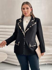 SHEIN Privé 對比色飾邊開襟西裝外套 - 黑色 - 查看 5