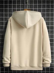 Manfinity Homme 男士字母图案袋鼠口袋抽绳连帽衫，老公，长袖，外出，休闲 - 杏色 - 查看 2