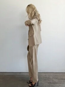 Aloruh 素色西裝領西裝外套&西裝褲 - 卡其色 - 查看 3