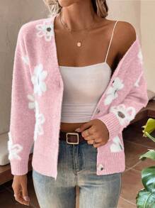 EMERY ROSE Mô hình hoa Thả vai Áo len Mở - Hồng - Xem 4