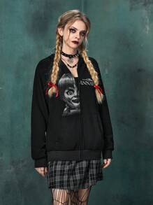 Annabelle | ROMWE Letter Figure Graphic Drop Shoulder Hoodie - Black - View 5