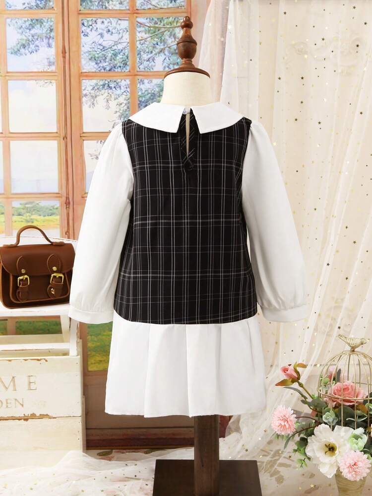 Young Girl Plaid Print Double Breasted 2 In 1 Dress