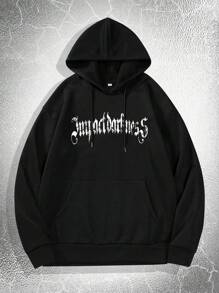 ROMWE MEN Goth 男士十字印花袋鼠口袋束口帽衫 - 黑色 - 查看 2