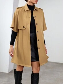 SHEIN Essnce Drop Shoulder Button Front Trench Coat - Khaki - View 1