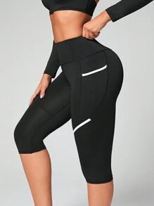 Slayform Contrast Tape Wide Waistband Sports Leggings Yoga Women Pants - Black - View 4