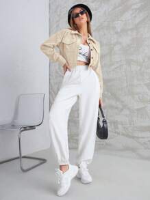 Aidyla Flap Pocket Drop Shoulder Corduroy Jacket Fall Winter Cloth For Women - Apricot - View 6