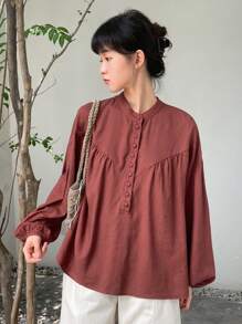 FRIFUL Half Button Drop Shoulder Blouse Linen,Fall Clothes Long Sleeve Top