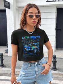 XYZ Studio Artist 女士汽车和字母图案短款 T 恤，适合夏季和节日 - 黑色 - 查看 3