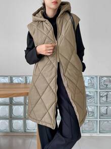 DAZY Zip Up Hooded Vest Quilted Thick Pockets Coat - Green - View 1