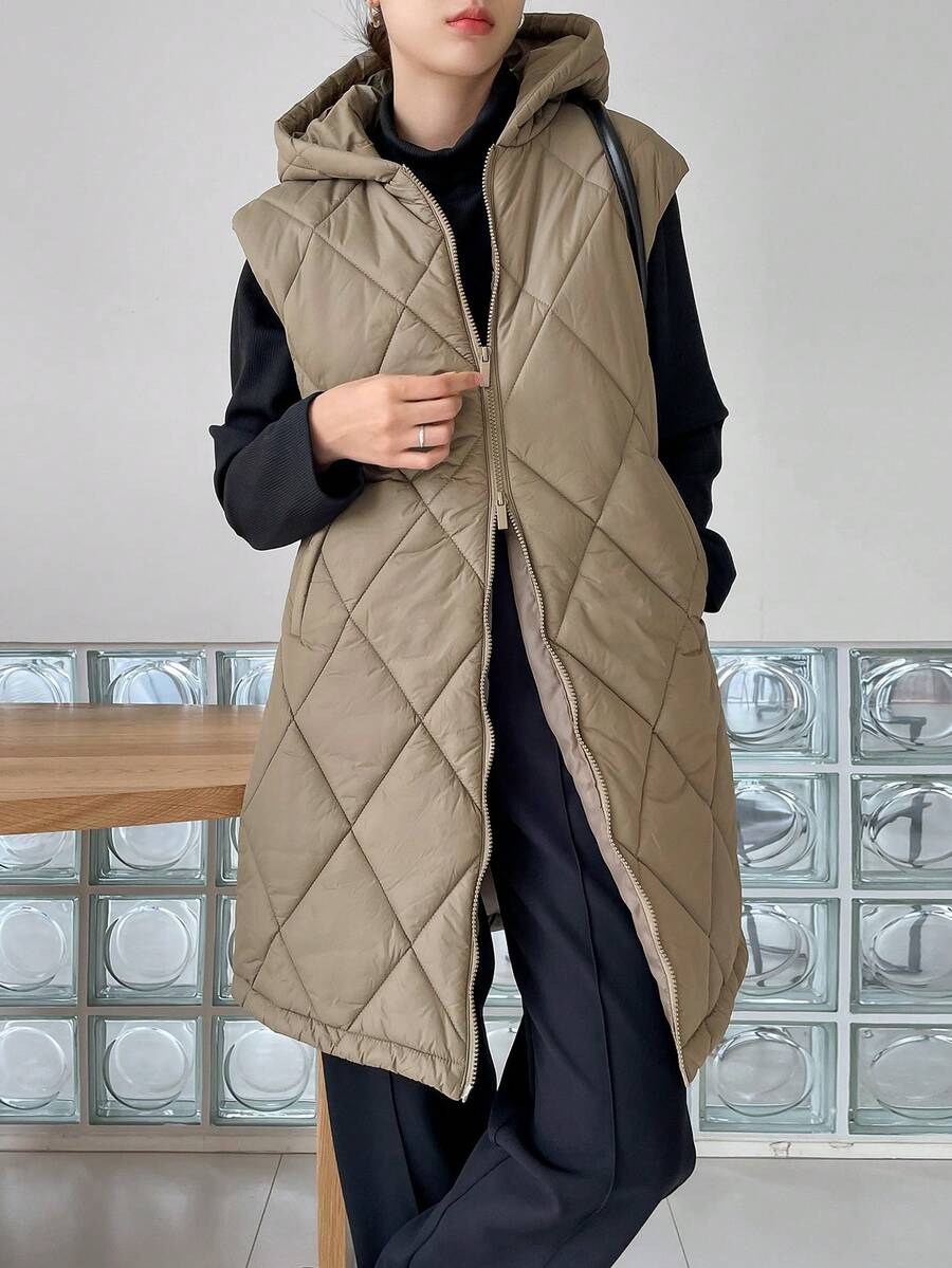 DAZY Zip Up Hooded Vest Quilted Thick Pockets Coat - Green - View 1