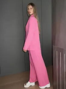 SHEIN Essnce 秋冬纯色翻领西装外套和阔腿裤 - 粉色 - 查看 6