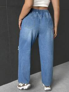 SHEIN LUNE Cộng với Quần Jeans dây rút eo rách sờn ống suông - Rửa nhẹ - Xem 2
