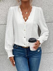 SHEIN Frenchy 圓點貝殼邊燈籠袖襯衫 - 白色 - 查看 3