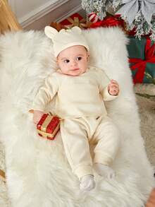 SHEIN Baby Boy Solid Tee & Pants & Hat for Christmas - Apricot - View 6