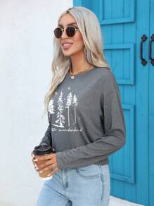 SHEIN Essnce 樹和標語圖案落肩T恤 - 淺灰色 - 查看 3